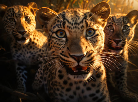 A group of small leopards looking at the camera, up closeの素材