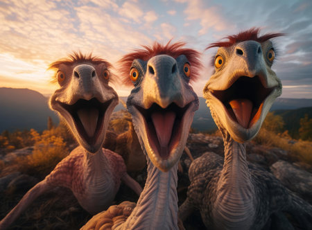 A group of velociraptors look at the camera, up closeの素材