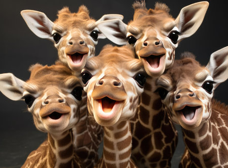 A group of giraffes look at the camera, up closeの素材