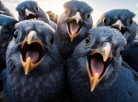 A group of pigeons looking at the camera, closeの素材