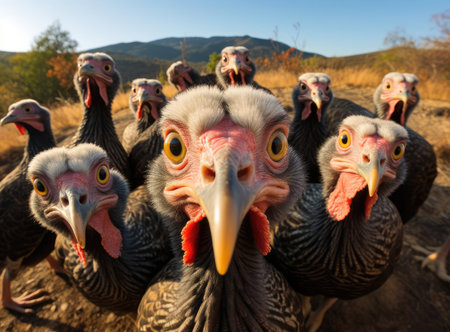 A group of turkeys looking at the camera, up closeの素材