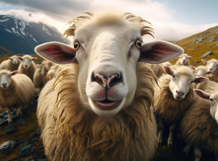 A group of sheep looking at the camera, up closeの素材