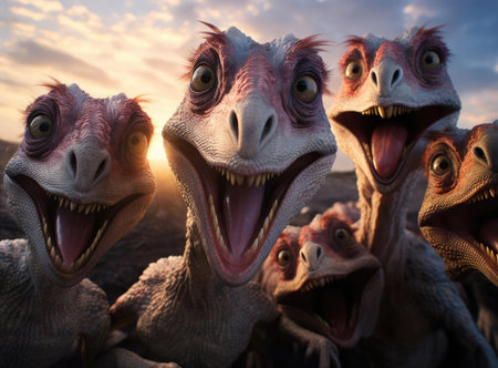 A group of velociraptors look at the camera, up closeの素材