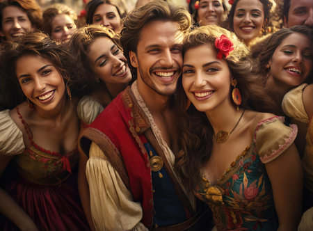 A group of Spaniards in national dress look at the cameraの素材