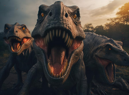 A group of tyrannosaurs look at the camera, up closeの素材