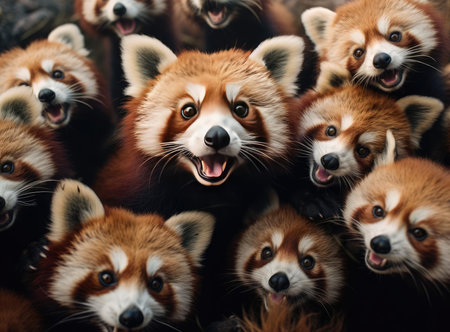 A group of red pandas looking at the camera, up closeの素材
