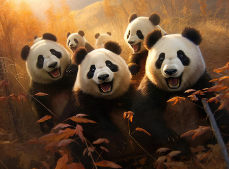 A group of pandas looking at the camera, up closeの素材