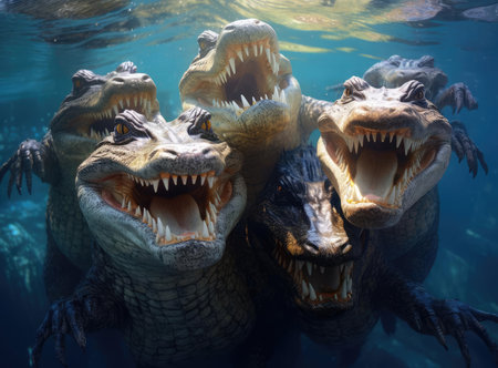 A group of crocodiles looking at the camera. Big teethの素材