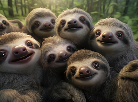 A group of sloths looking at the camera, up closeの素材