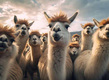 A group of llamas look at the camera, up closeの素材