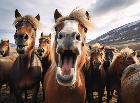 A group of galloping horses looking at the cameraの素材