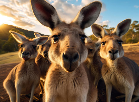 A group of kangaroos looking at the camera, up closeの素材