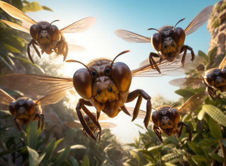 A group of bees at work looking at the cameraの素材