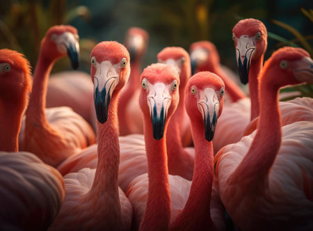 A group of flamingos look at the cameraの素材