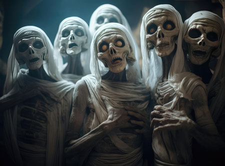 A group of Egyptian mummies look at the cameraの素材