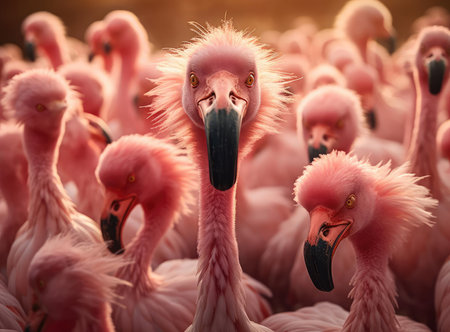 A group of flamingos look at the cameraの素材