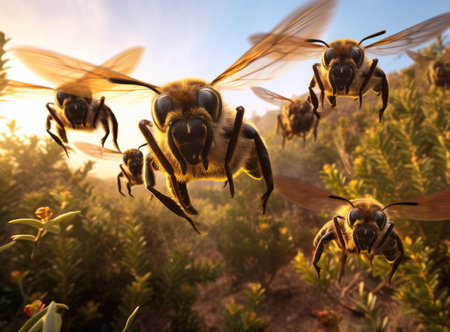 A group of bees at work looking at the cameraの素材