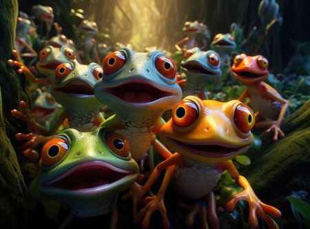 A group of red-eyed frogs looking at the cameraの素材