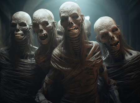 A group of Egyptian mummies look at the cameraの素材