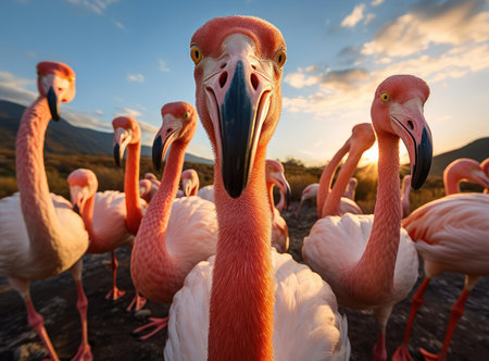 A group of flamingos look at the cameraの素材