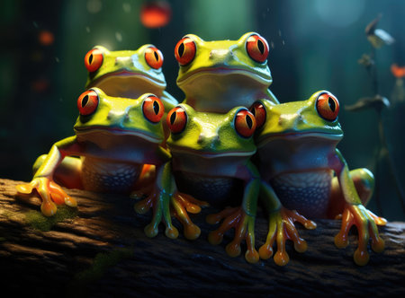 A group of red-eyed frogs looking at the cameraの素材