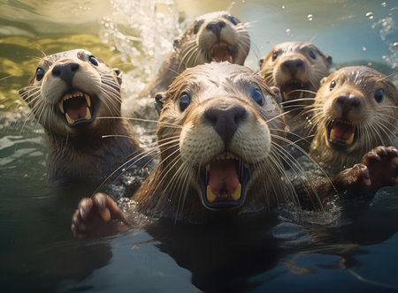 A group of otters look at the camera in a friendly way, closeの素材