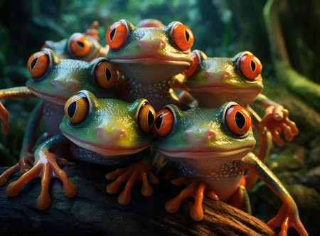 A group of red-eyed frogs looking at the cameraの素材