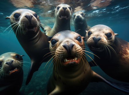 A group of seal seals look at the camera in a friendly mannerの素材