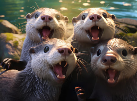 A group of otters look at the camera in a friendly way, closeの素材