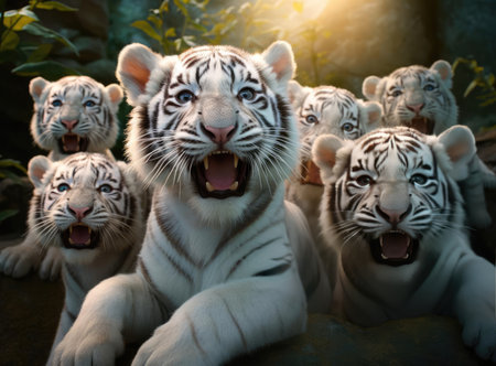 A group of white tiger kittens looking at the cameraの素材