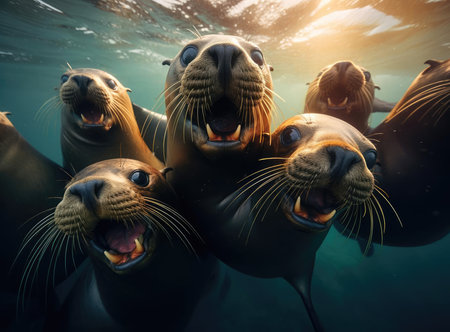 A group of seal seals look at the camera in a friendly mannerの素材