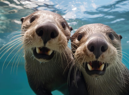 A group of otters look at the camera in a friendly wayの素材