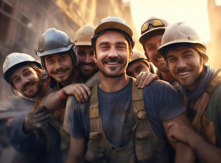 A group of builders look at the cameraの素材