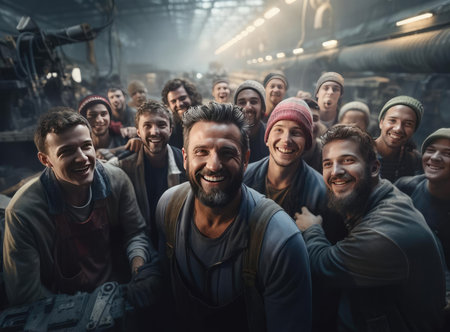 A group of money factory workers look at the cameraの素材
