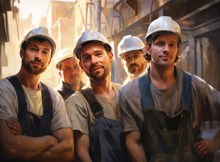 A group of builders look at the cameraの素材