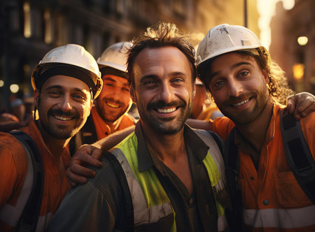 A group of road workers look at the cameraの素材