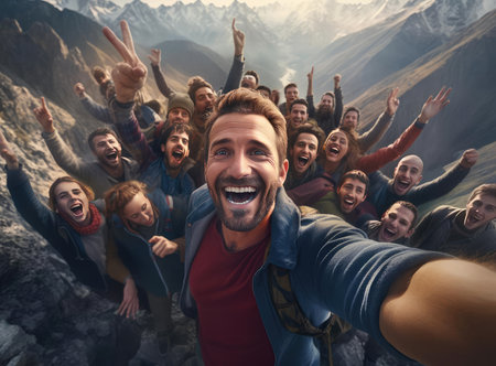 A teacher and a group of students look at the cameraの素材