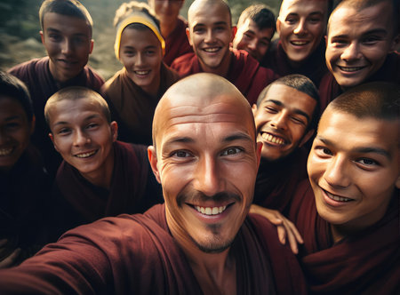 A group of Buddhists looking at the cameraの素材