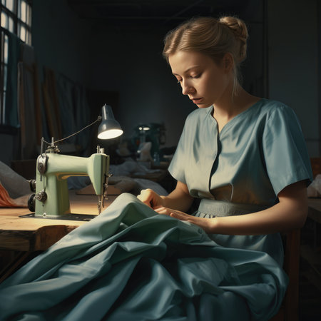 The girl works on a sewing machineの素材