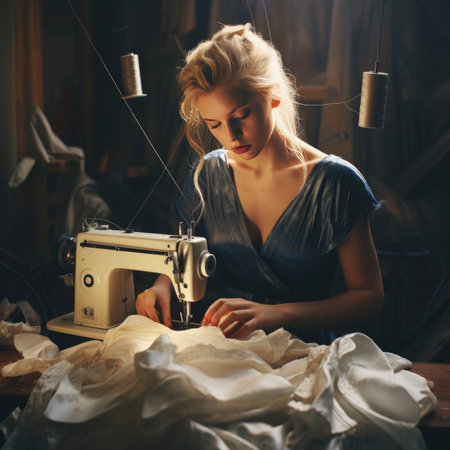 The girl works on a sewing machineの素材
