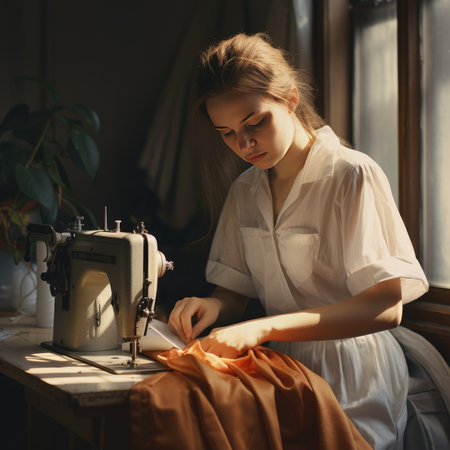 The girl works on a sewing machineの素材