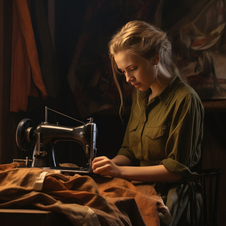 The girl works on a sewing machineの素材
