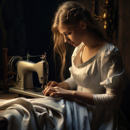 The girl works on a sewing machineの素材