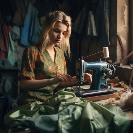 The girl works on a sewing machineの素材