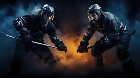 Two hockey players in the fight for the puckの素材