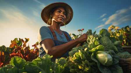 A farmer harvests a fresh crop of vegetablesの素材
