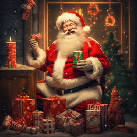 Santa Claus next to the Christmas tree and giftsの素材