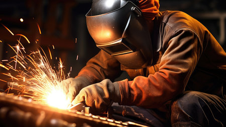 A masked welder welds partsの素材
