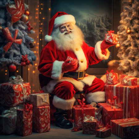 Santa Claus next to the Christmas tree and giftsの素材