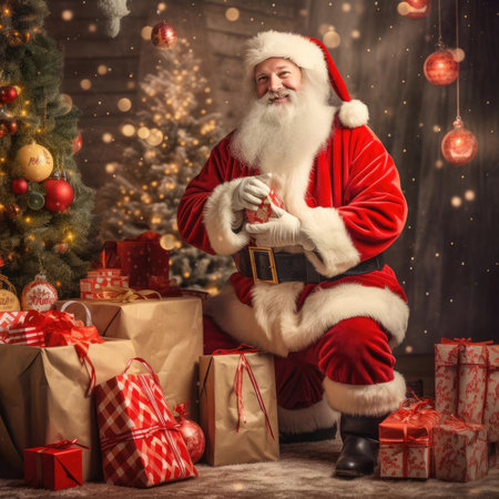 Santa Claus next to the Christmas tree and giftsの素材